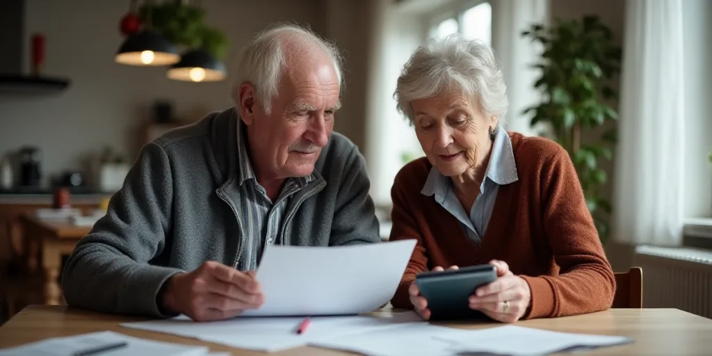an older couple looking at a piece of paper and a calculator in their hands while sitting at a table