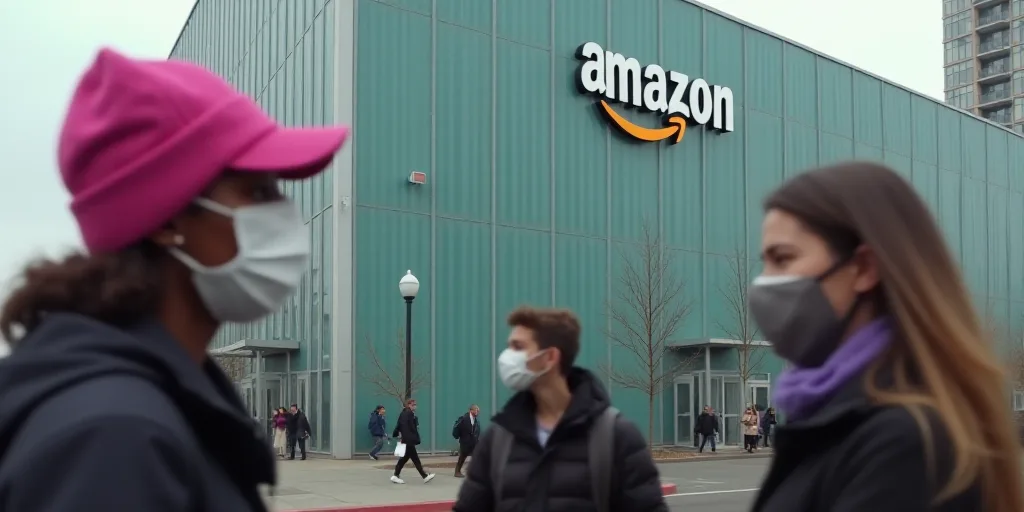 people wearing face masks walking in front of a building with a amazon sign on it's side and a woman