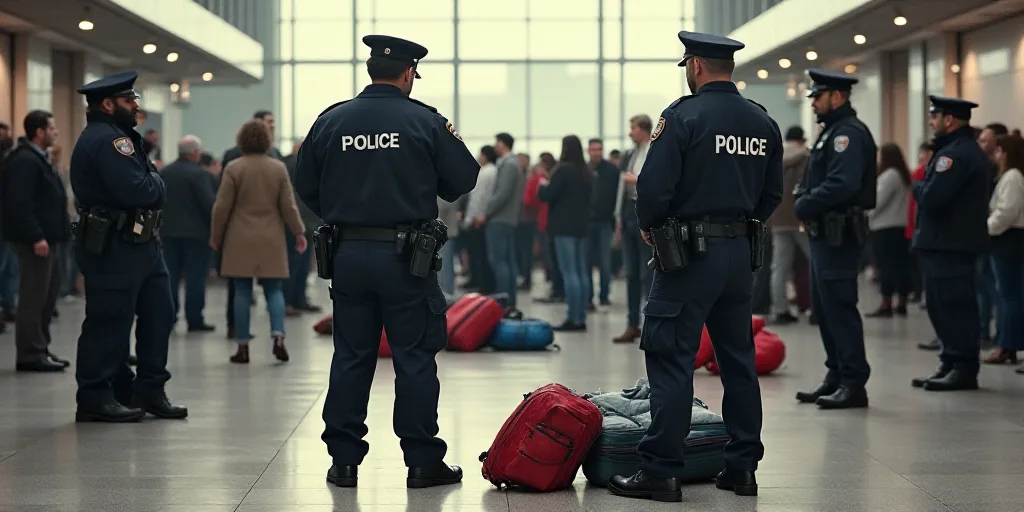 police officers standing around a bunch of people on the ground with bags of luggage on the ground a