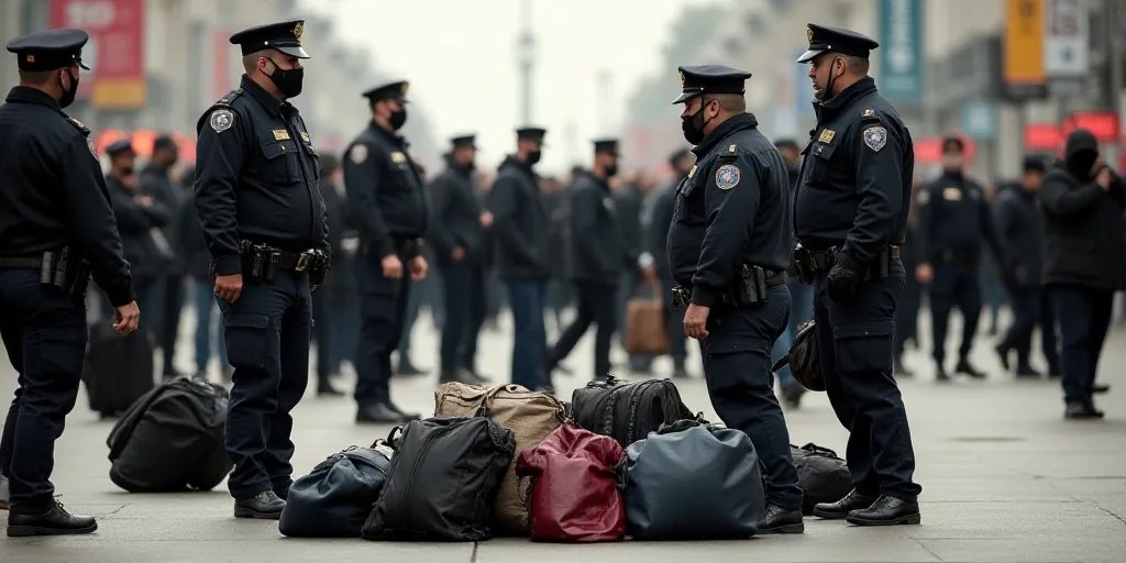 police officers standing around a bunch of people on the ground with bags of luggage on the ground a
