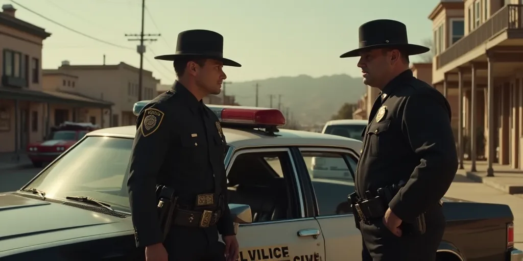 police officers standing around a car with a police tape on it's side and a police car behind them,