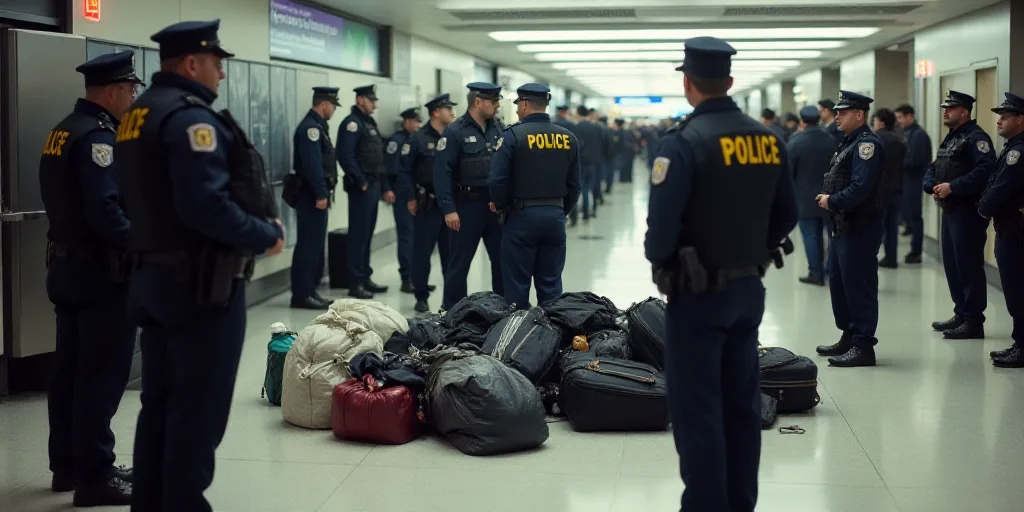 police officers standing around a bunch of people on the ground with bags of luggage on the ground a