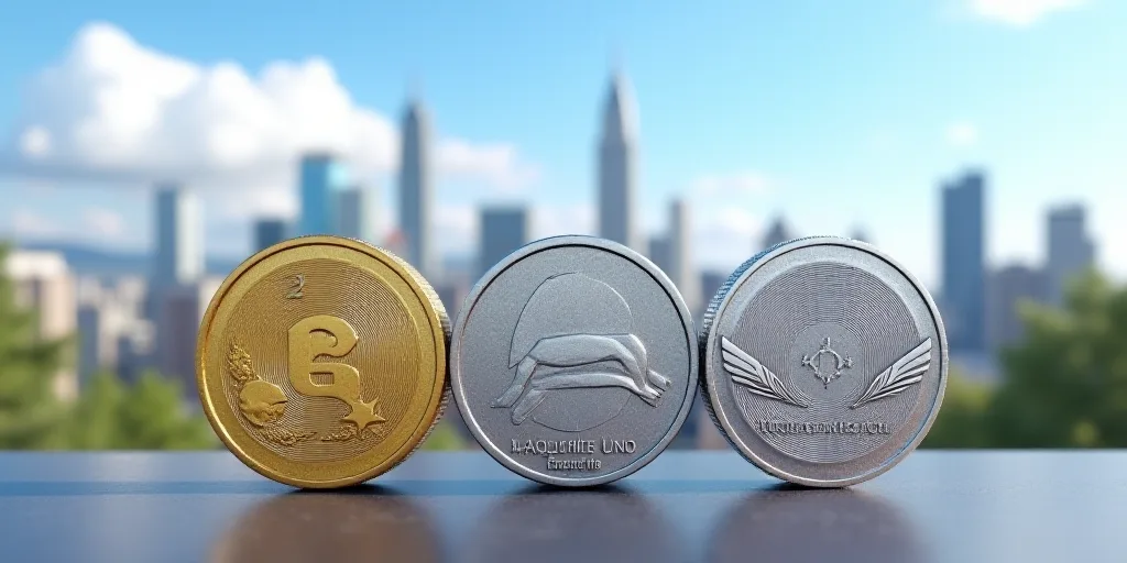 three different colored coins with a view of a city in the background and a blue sky in the backgrou