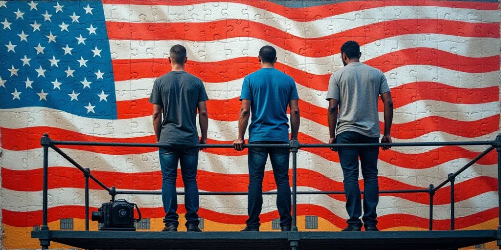 three men standing on a scaffolding with american flags in the background and a camera in the foregr
