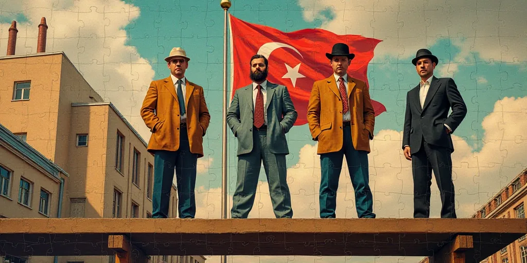 three men standing on a scaffold with a flag in the background and a building in the background, Edi