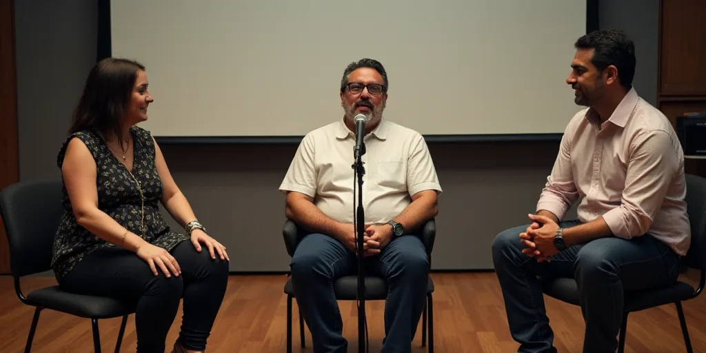 three people sitting on chairs in front of a banner and a microphone in front of them, with a man sp