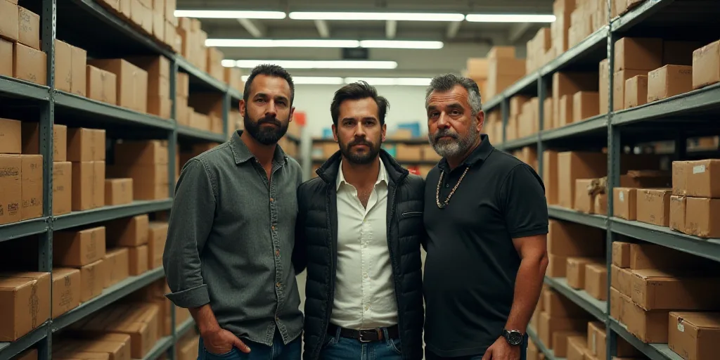 three people standing in a store with boxes and boxes on shelves behind them and a man standing next