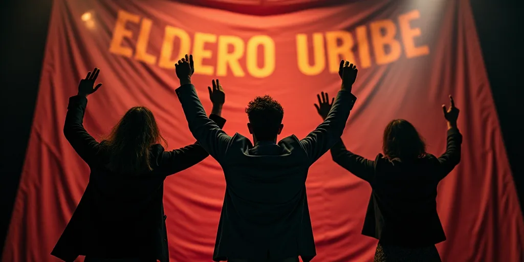 three people standing on a stage with their hands up in the air and their arms raised in triumph, wi