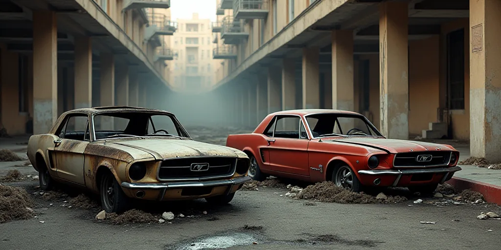 two burned cars in a run down building with a fire hydrant in the background and a building with a f