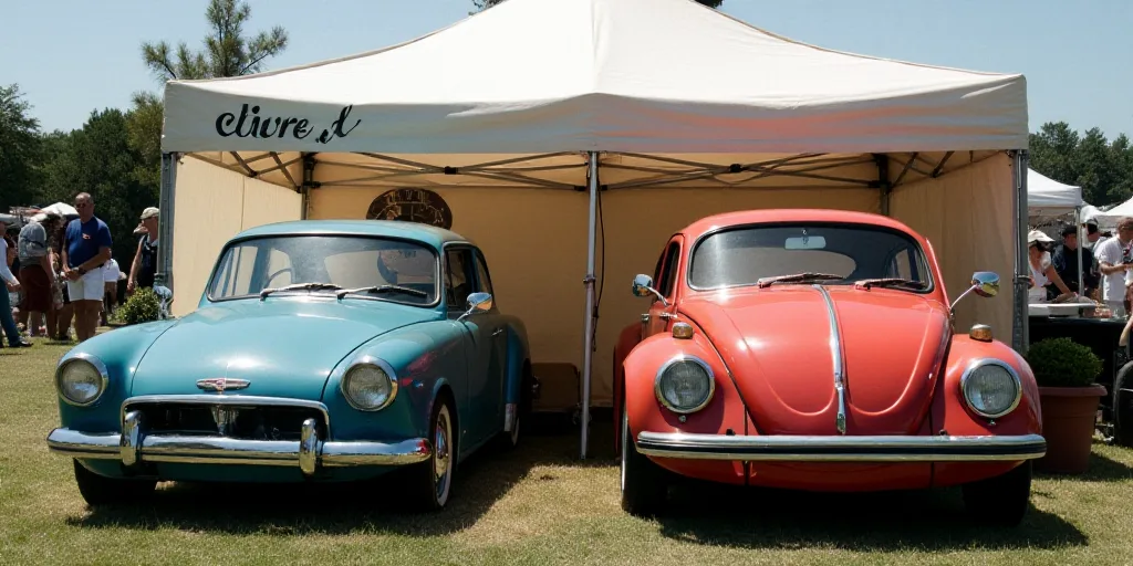 two cars parked next to each other under a tent with a sign that says chirey on it, Chippy, official