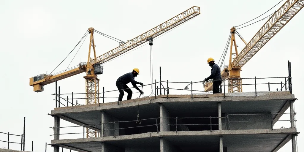 two construction workers are working on a building under construction with a crane in the background