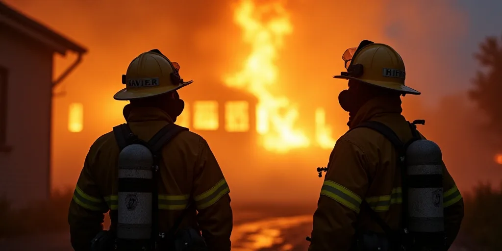 two fire fighters standing in front of a fire raging in the background with a building on fire in th