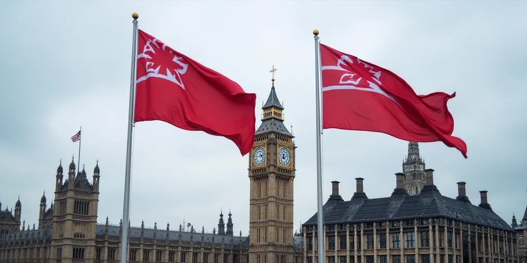 two flags are flying in the wind in front of a building in the city of london, england, uk, Eugeen V