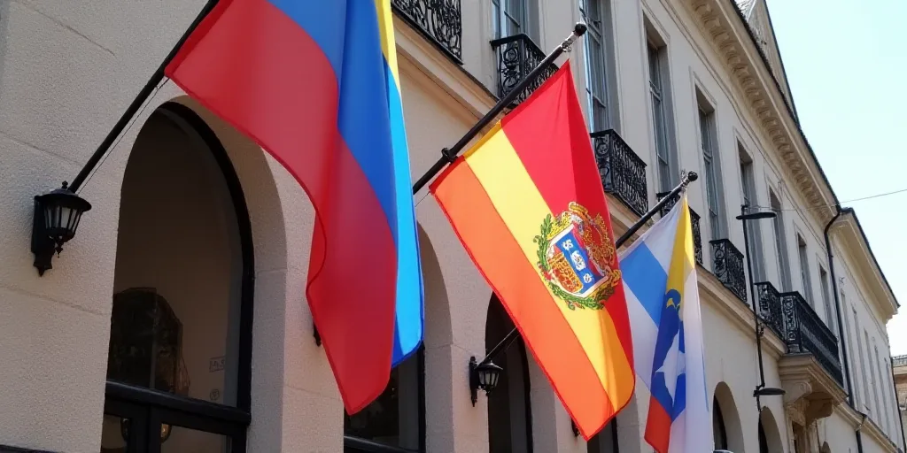 two flags are hanging from a building with a clock on it's side and a flag on the other side, Aquira