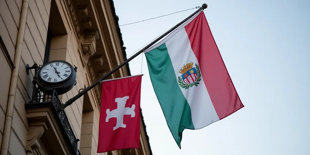 two flags are hanging from a building with a clock on it's side and a flag on the other side, Aquira