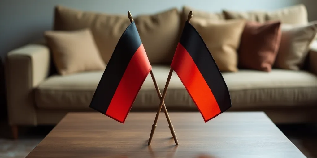 two flags are placed on a table in front of a couch and a coffee table with a couch behind it, Brend