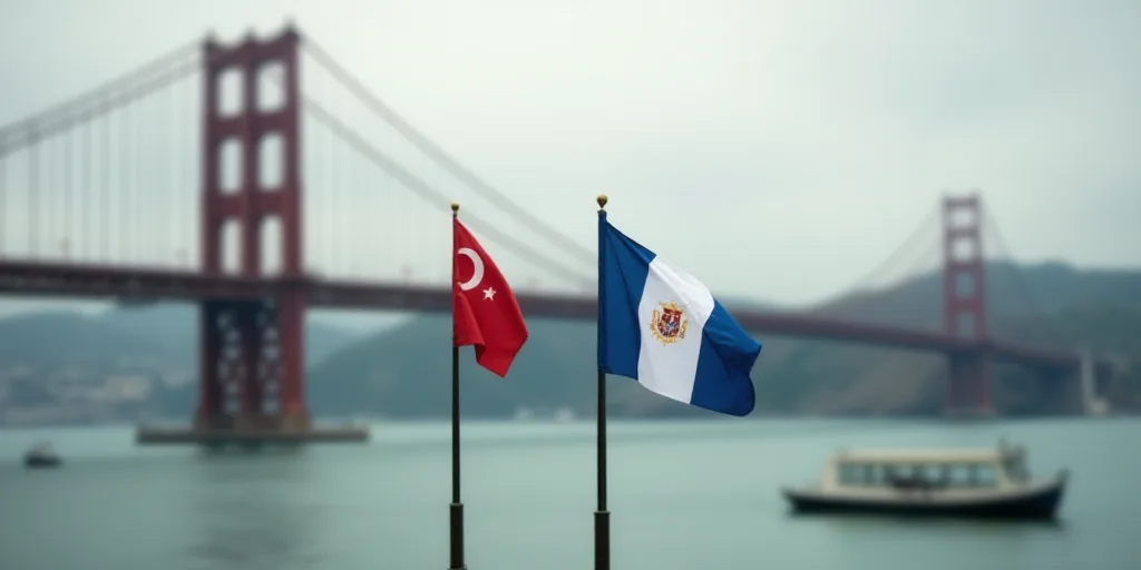 two flags flying in front of a bridge and a boat in the water with a bridge in the background, Chris