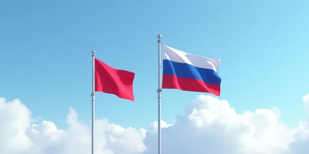 two flags flying in the air with a blue sky in the background with clouds in the background and a bl