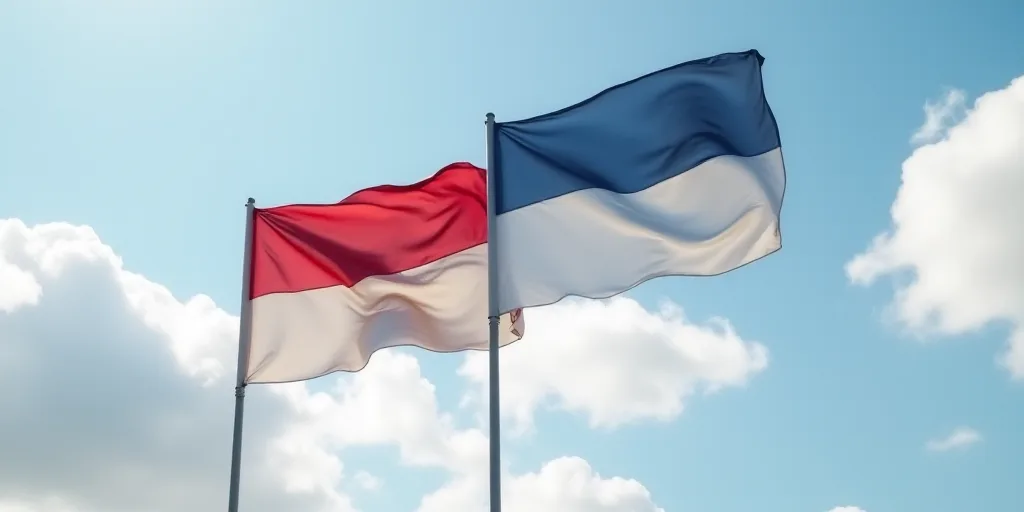 two flags flying in the wind on a cloudy day with blue sky in the background and white clouds in the