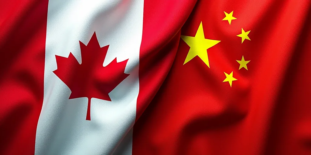 two flags of canada and china are seen together in this picture taken from below the flag of the cou