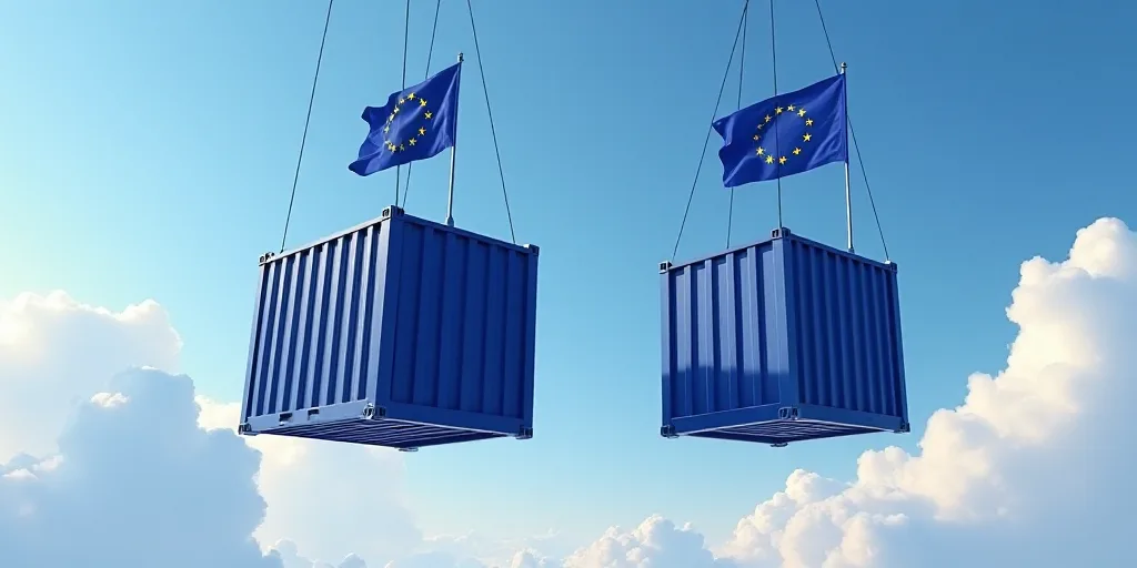 two large containers suspended from the sky by strings with a european flag on them and a european f