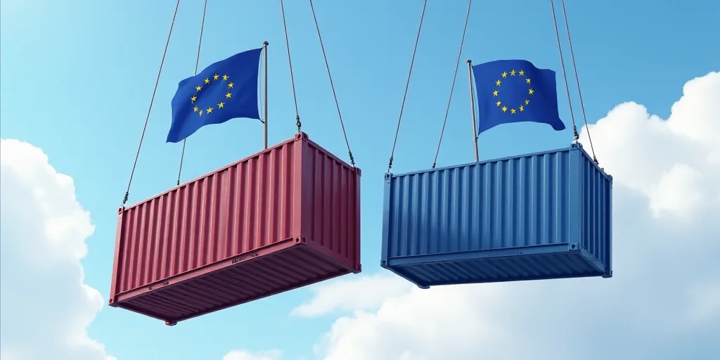 two large containers suspended from the sky by strings with a european flag on them and a european f