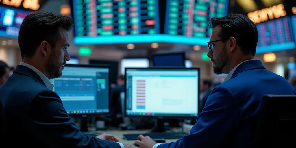 two men are looking at a computer screen in a stock market with a stock market floor in the backgrou