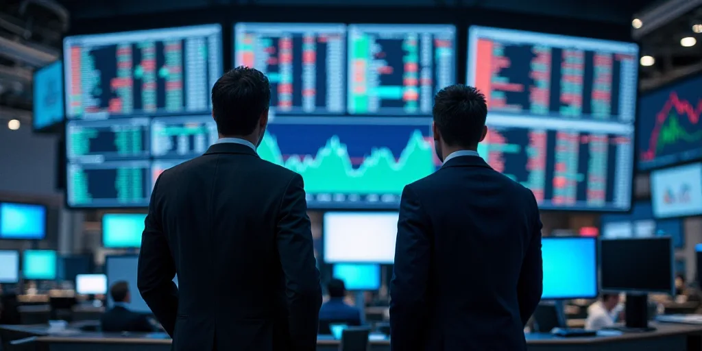 two men are looking at a stock market display on a floor of a building with multiple screens and scr