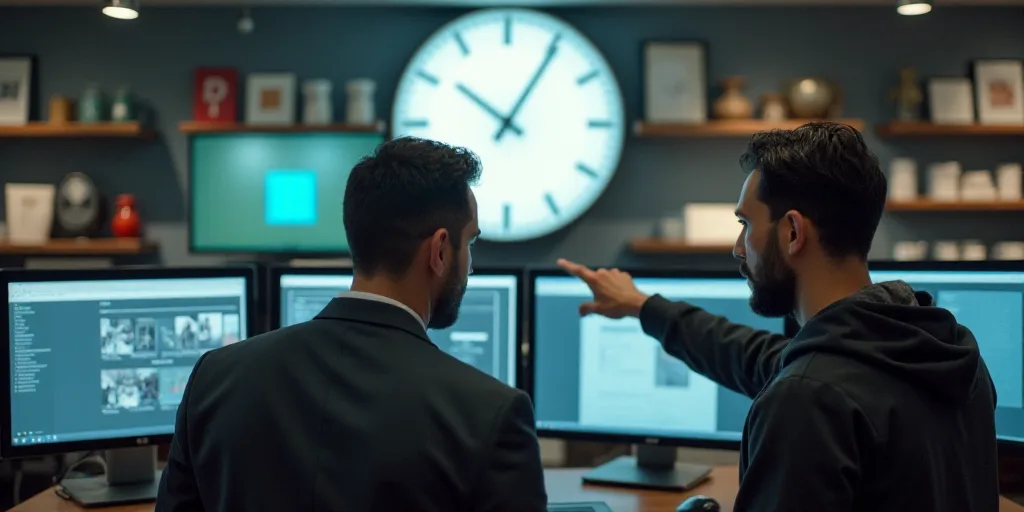 two men are pointing at a computer screen in a store with a large clock on the wall behind them, And