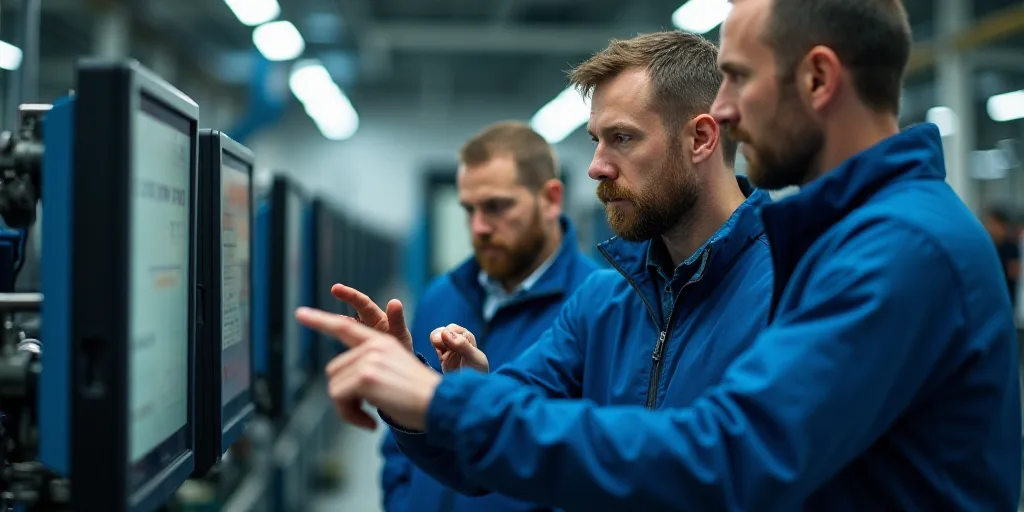 two men in a factory looking at a machine screen and a man in a blue jacket is pointing at something