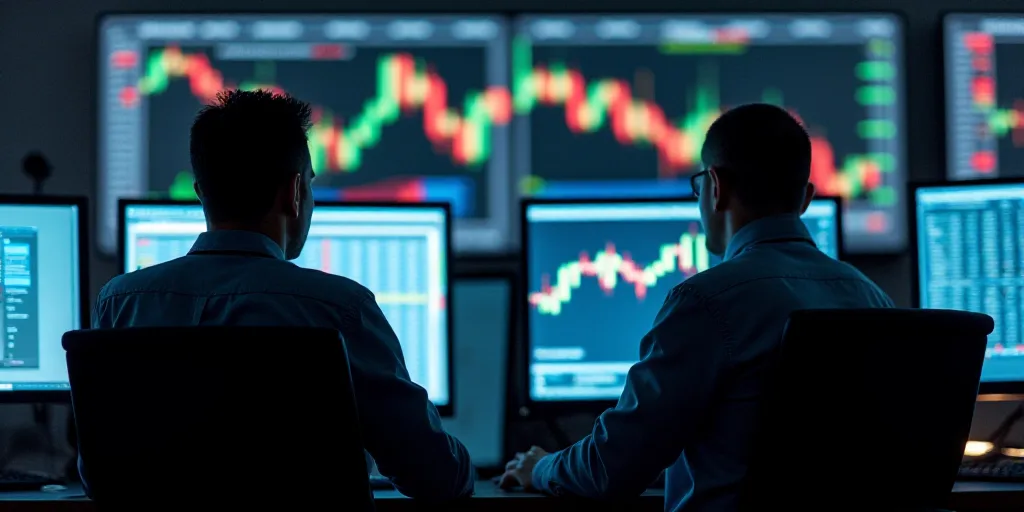 two men in a trading room looking at a computer screen with a stock market on it's wall, Andries Sto