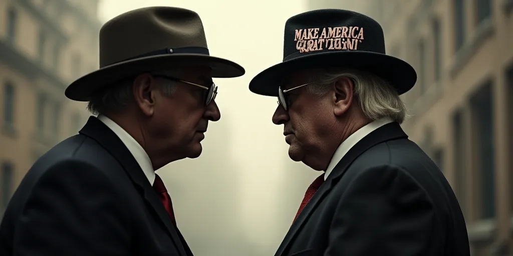 two men in hats and glasses are facing each other and one is wearing a hat with the words, make amer