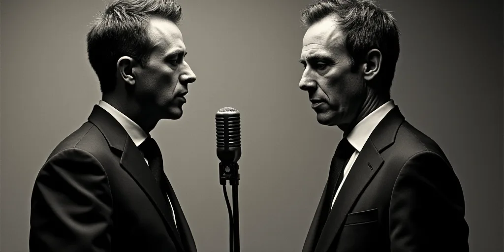 two men in suits and ties are facing different directions and the same man is speaking into a microp
