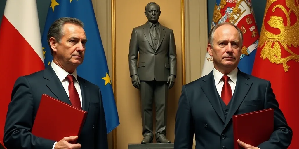 two men in suits and ties holding red folders in front of flags of different countries and a statue