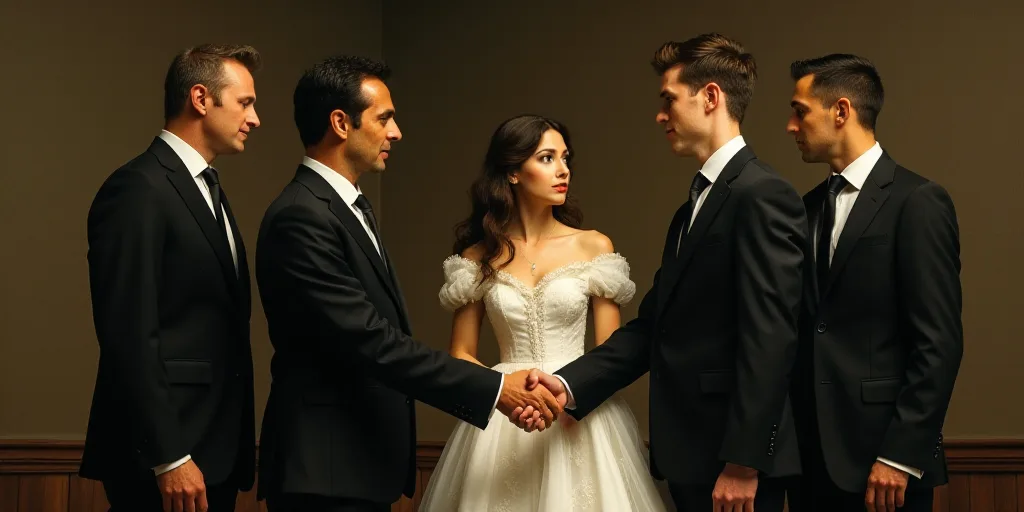two men in suits and ties shaking hands with a woman in a white dress and a man in a suit, Diego Vel