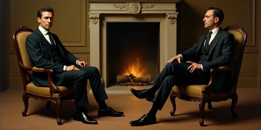 two men in suits and ties sitting in chairs in a room with a fireplace and a fireplace man in the mi