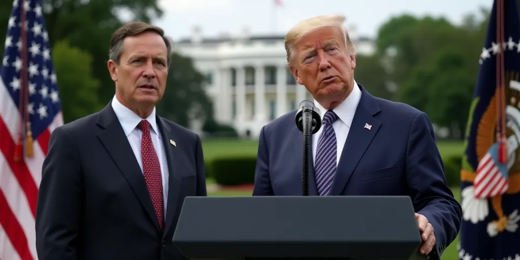 two men in suits and ties standing in front of a podium with a flag in the background and a white ho
