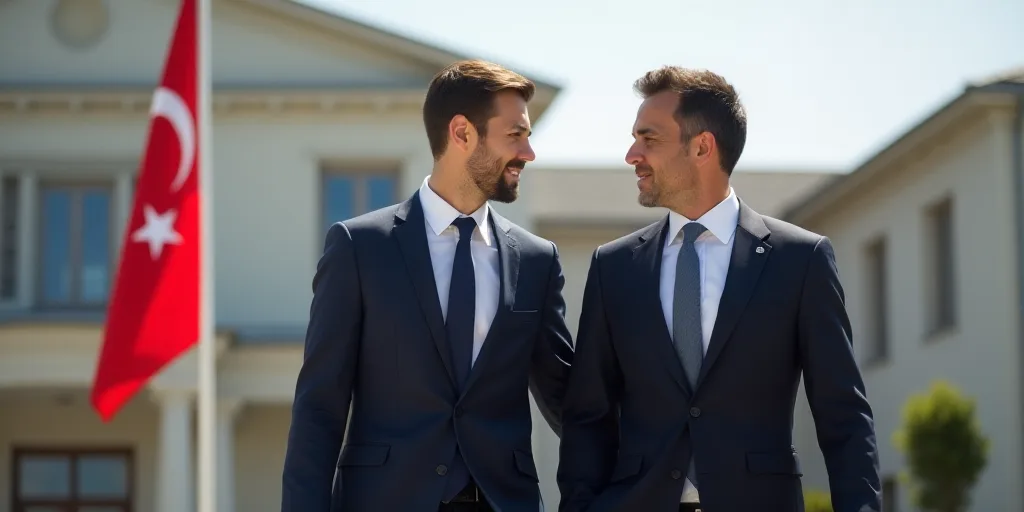 two men in suits and ties walking together in front of a flag and a building with a flag on it, Andr