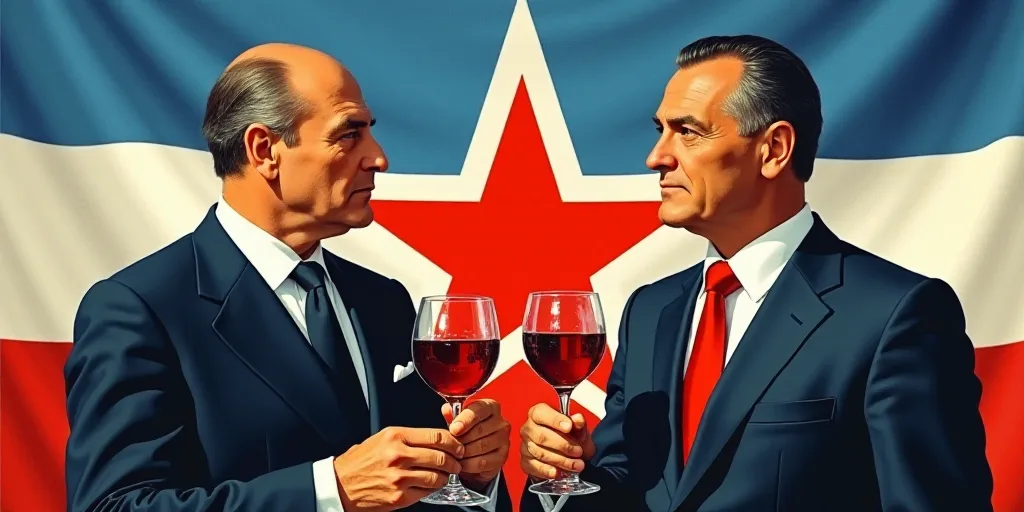 two men in suits are holding wine glasses in front of a flag and a red star on a blue and white back