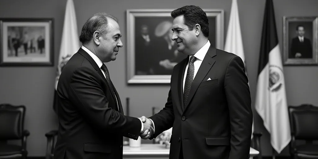 two men in suits shaking hands in front of flags and paintings in a room with chairs and tables and
