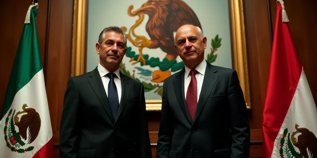 two men in suits standing next to flags in front of a painting of a mexican flag and a mexican eagle