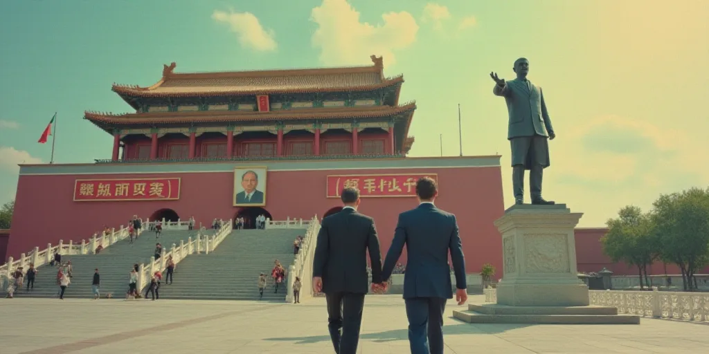 two men in suits walking down a street next to a building with a statue of a man in uniform, Ai Weiw