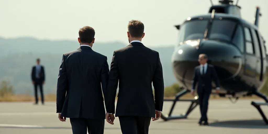 two men in suits walking towards a helicopter with a man in a suit and tie on the other side, Bourge