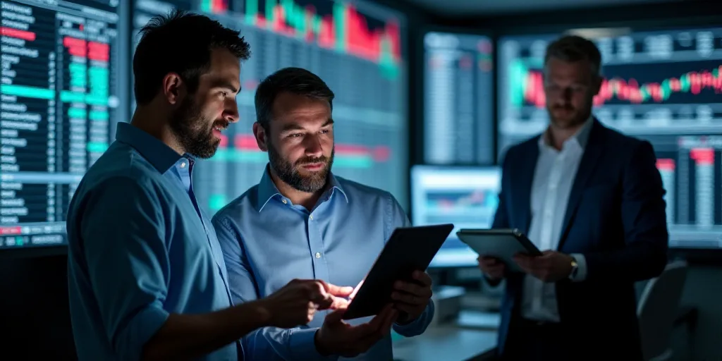 two men looking at a tablet in a trading room with a monitor on the wall behind them and a man holdi