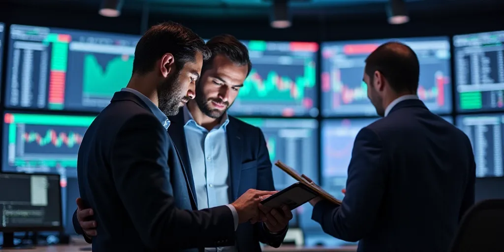 two men looking at a tablet in a trading room with a monitor on the wall behind them and a man holdi
