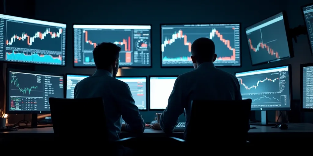 two men looking at multiple computer screens with stock prices on them in a dark room with other mon