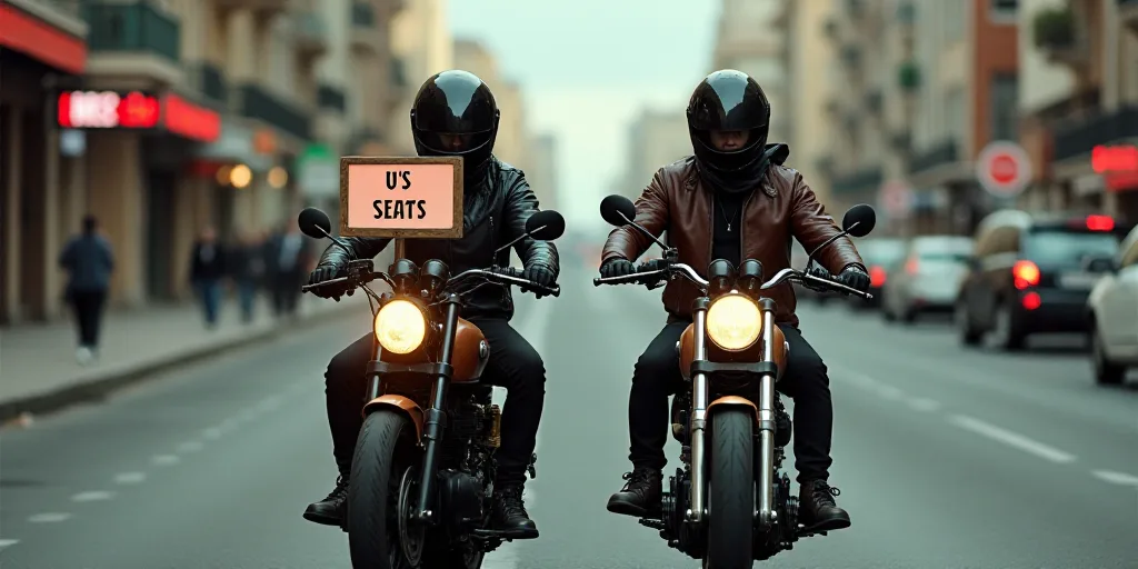 two men on motorcycles with helmets on and a sign on the back of the motorcycle that says u s eats,