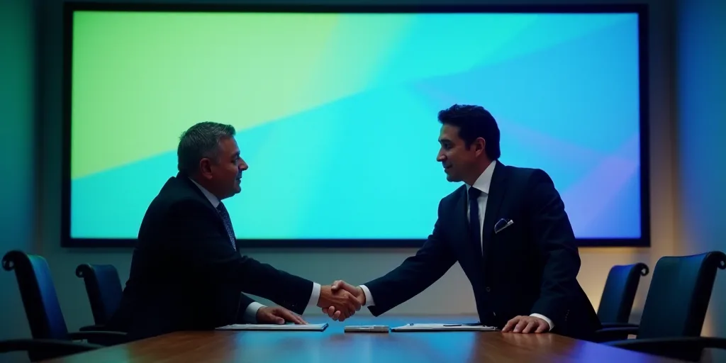 two men shaking hands at a conference table with a large screen behind them and a blue and green bac