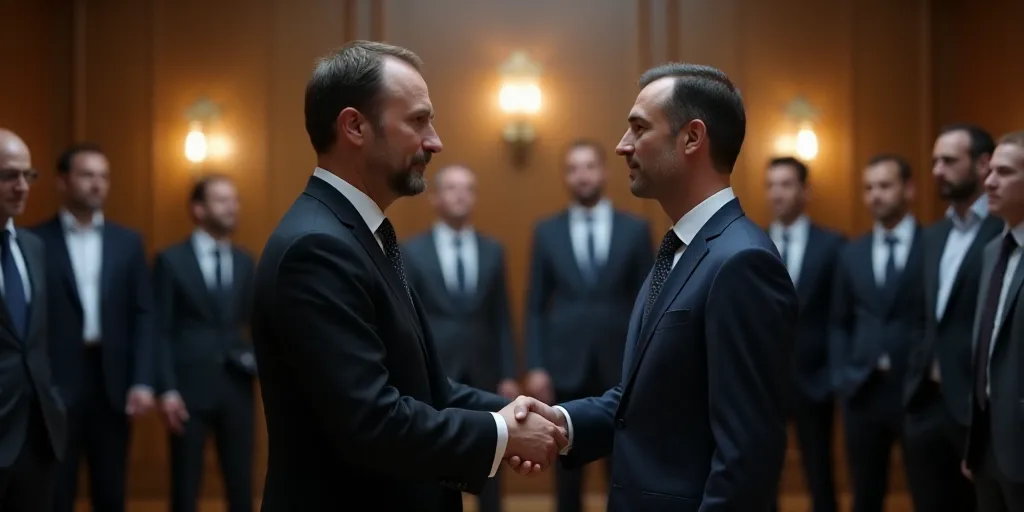 two men shaking hands in a room with other people in suits and ties standing around them and looking