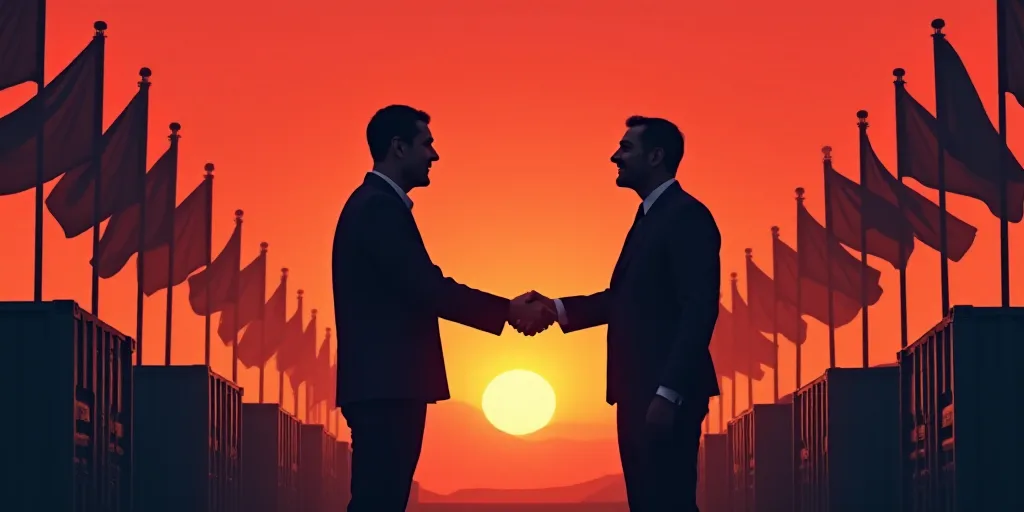 two men shaking hands in front of a backdrop of flags and containers with a red sky in the backgroun